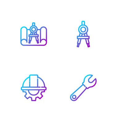 Çizgi anahtarı, işçi kaskı ve teçhizatı, pusula ve çizim çizimi ayarlayın. Renk simgeleri. Vektör.