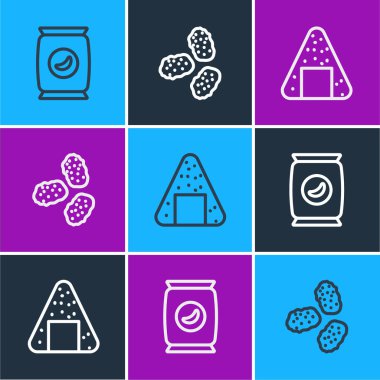 Bag veya paket patates cipsi, Onigiri ve Tavuk nugget ikonu. Vektör.