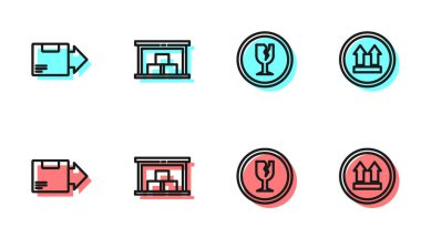 Kırık camlar, karton karton kutular, depo ve bu taraftaki sembol. Vektör.