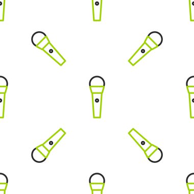 Karaoke çizgisi simgesi beyaz arkaplanda kusursuz desen izole etti. Mikrofon ve monitör. Vektör İllüstrasyonu.