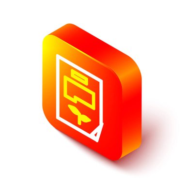 İzometrik satır Yaprak belge simgesi beyaz arkaplanda izole edildi. Doğa dosya simgesi. Turuncu kare düğme. Vektör İllüstrasyonu.