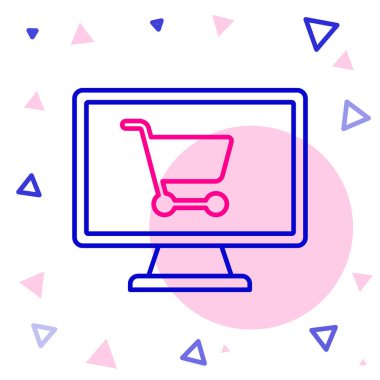 Ekran bilgisayar simgesinde çizgi alışveriş arabası beyaz arkaplanda izole edildi. Konsept e-ticaret, e-ticaret, online iş pazarlama. Renkli taslak konsepti. Vektör İllüstrasyonu.
