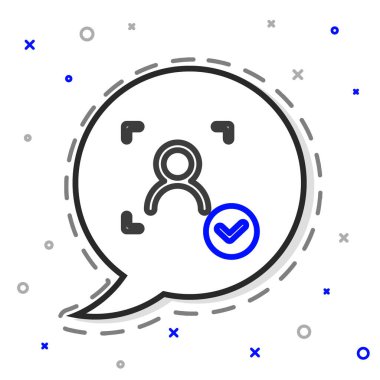 Beyaz arkaplanda işaretleme simgesi olan satır yüz tanıma. Yüz tanımlama simgesi. Yüz tanıma. Siber güvenlik kavramı. Renkli taslak konsepti. Vektör.