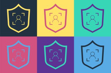 Pop Art Shield yüz tanıma simgesi renk arkaplanında izole edildi. Yüz tanımlama simgesi. Yüz tanıma. Siber güvenlik kavramı. Vektör.