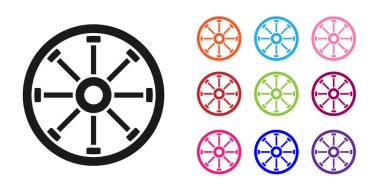 Siyah eski tahta tekerlek simgesi beyaz arkaplanda izole edilmiş. Simgeleri renklendirin. Vektör.