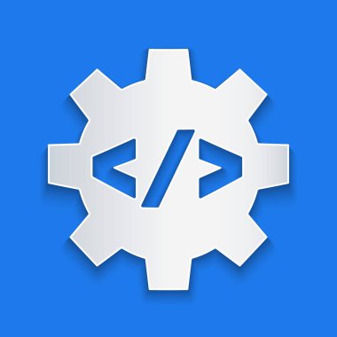 Kağıt kesimi Web tasarımı ve ön uç geliştirme simgesi mavi arkaplanda izole edildi. Kağıt sanatı tarzı. Vektör.