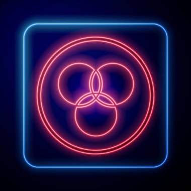 Parlayan neon RGB ve CMYK renk karıştırma simgesi mavi arkaplanda izole edildi. Vektör.