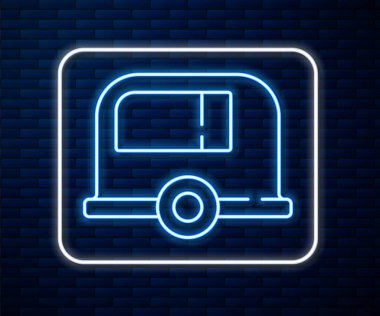 Parlayan neon hattı karavan ikonu tuğla duvar arkasında izole edilmiş. Gezici ev, karavan, yolculuk için ev karavanı. Vektör.
