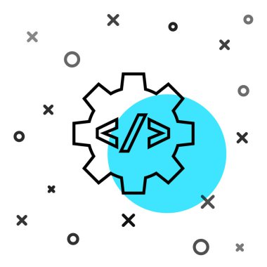 Siyah çizgi web tasarımı ve ön uç geliştirme simgesi beyaz arkaplanda izole edildi. Rastgele dinamik şekiller. Vektör.