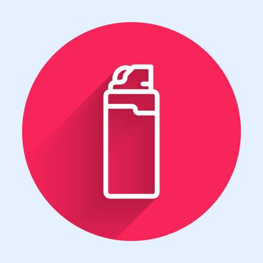 Beyaz çizgi aydınlatma simgesi uzun gölgeyle izole edildi. Kırmızı daire düğmesi. Vektör.