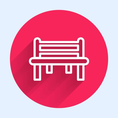 Beyaz çizgi romantik bank ikonu uzun gölgeli izole edilmiş. Kırmızı daire düğmesi. Vektör.