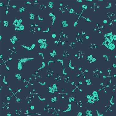 Çöl manzarasını kaktüs, çapraz oklar, Revolver silahı ve Batı posta arabası ile kusursuz desenlere ayarlayın. Vektör.