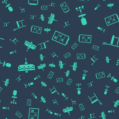 Kütüphane kitaplığını, ofis sandalyesini, avizeyi ve sandalyeyi kusursuz şekilde ayarla. Vektör.