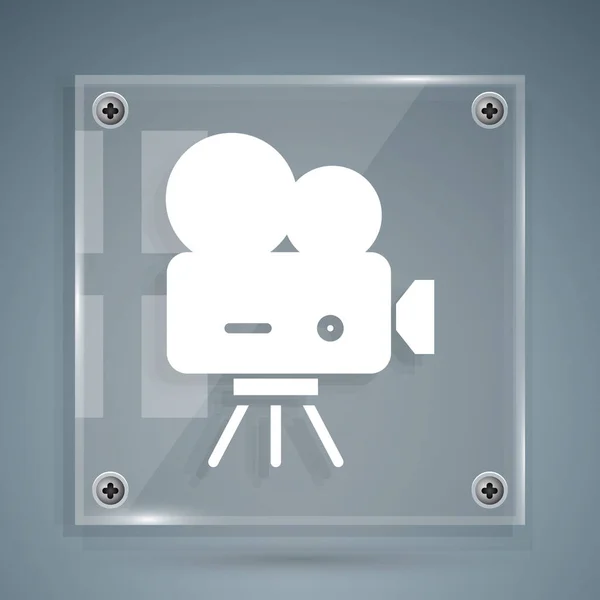 白色复古电影相机图标孤立在灰色背景 摄像机 电影标志 电影放映机方块玻璃面板 病媒图解 — 图库矢量图片