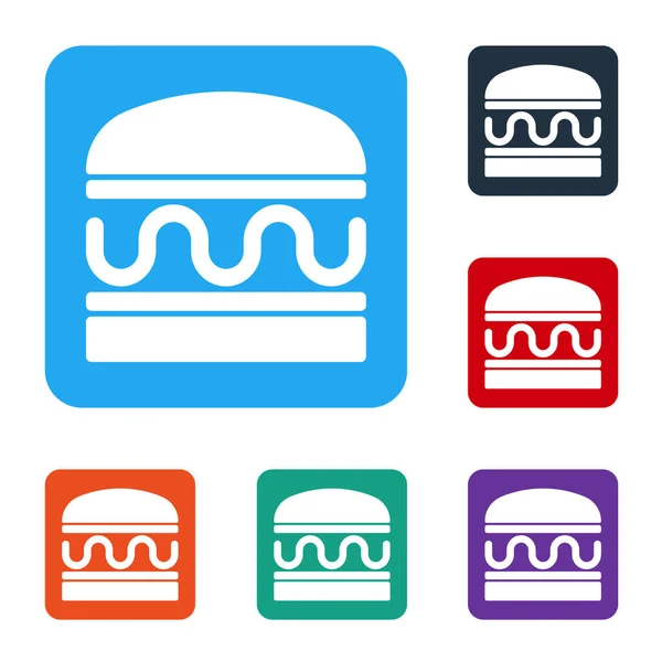 白色汉堡图标隔离在白色背景 汉堡包图标 芝士汉堡三明治标志 快餐菜单 在彩色正方形按钮中设置图标 — 图库矢量图片