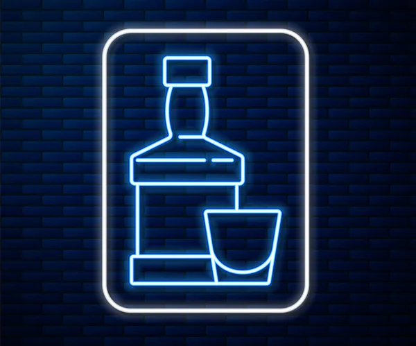 Gloeiende Neon Lijn Whiskey Fles Glas Pictogram Geïsoleerd Baksteen Muur — Stockvector