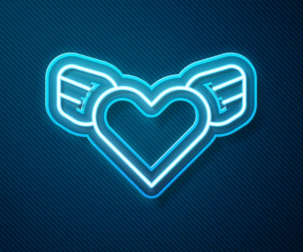 ネオンラインを輝く青の背景に孤立した翼のアイコンでハート 愛のシンボル バレンタインデー ベクトル — ストックベクタ