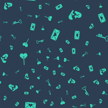 Zarfı sevgililer günü kalbiyle, kırıklarla ya da boşanmalarla, lolipoplarla ve anahtar şekliyle kusursuz bir şablona ayarla. Vektör.