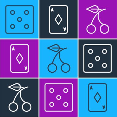 Çizgi oyunu zarları, kirazlı kumarhane kumar makinesi ve elmas ikonlu kart oyunu. Vektör.