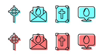 Kutsal İncil, Hıristiyan haçı, Paskalya Bayramı ve Paskalya yumurtası ikonlu Konuşma balonlu tebrik kartı. Vektör.