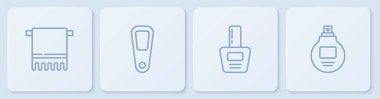 Askıya havlu, tırnak cilası şişesi, el aynası ve parfüm koyun. Beyaz kare düğme. Vektör.