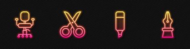 Kalem, ofis sandalyesi, makas ve fıskiye ucunu ayarla. Parlayan neon ikonu. Vektör.