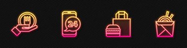 İnternetten hamburger siparişi ver. Yemek ve Asya erişte çubuğu. Parlayan neon ikonu. Vektör.
