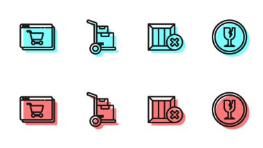 Ahşap kutu ve silme hattı, ekranda online alışveriş, el arabası kutuları ve kırılgan cam ikon. Vektör.