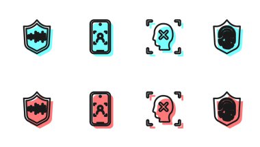 Yüz tanıma, Kalkan sesi, Mobil ve Parmak izini kalkan simgesinde ayarla. Vektör.