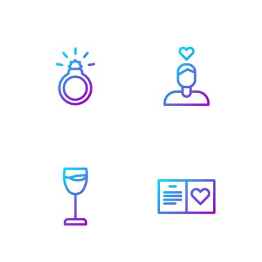 Sevgililer Günü partisi broşürü, şarap bardağı, elmas nişan yüzüğü ve çift aşkı. Renk simgeleri. Vektör.