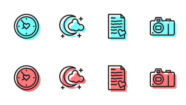 Zarfı sevgililer günü kalbi, saati, ayı ve yıldızları ve fotoğraf makinesi ikonuyla ayarla. Vektör.