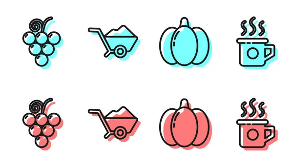 Set Line Calabaza Fruta Uva Carretilla Con Suciedad Taza Icono — Vector de stock