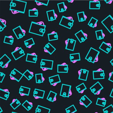 Çizgi Cüzdanı deste deste deste kağıt para nakit ikonu izole siyah arka planda kusursuz desen. Çanta ikonu. Nakit tasarruf sembolü. Vektör İllüstrasyonu.