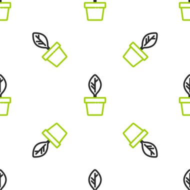 Çömlek simgesindeki Çizgi Bitkisi beyaz arkaplandaki kusursuz deseni izole etti. Tencerede yetişen bir bitki. Saksı bitkisi işareti. Vektör.