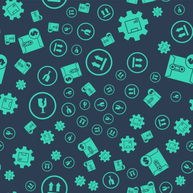 Bu tarafı dik konuma getirin. Paket kutusu, kırılgan cam ve kusursuz desenli dolar sembollü zarf. Vektör.