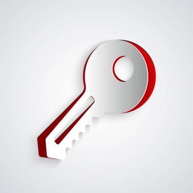 Kağıt kesiği Anahtar simgesi gri arkaplanda izole edildi. Kağıt sanatı tarzı. Vektör İllüstrasyonu.