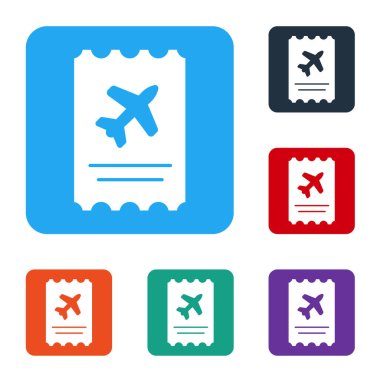 White Airlines bilet ikonu beyaz arka planda izole edildi. Uçak bileti. Renkli kare düğmelerle simgeleri ayarla. Vektör İllüstrasyonu.