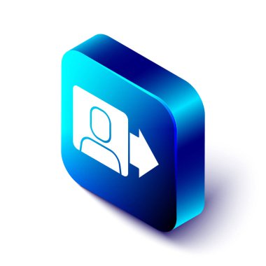 Beyaz arka planda izole edilmiş bir yönetici ikon ekibinin Isometric Lideri. Mavi kare düğme. Vektör.