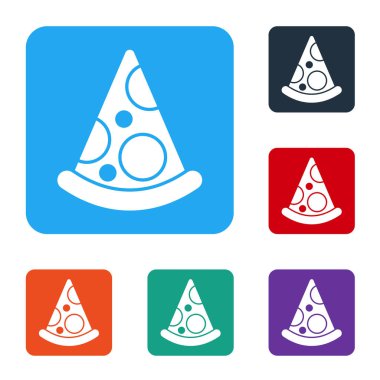 Beyaz arka planda izole edilmiş beyaz pizza ikonu. Fast food menüsü. Renkli kare düğmelerle simgeleri ayarla. Vektör.