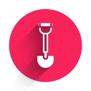 Askerler için uzun gölgeli beyaz istihkamcı küreği. Kırmızı daire düğmesi. Vektör.