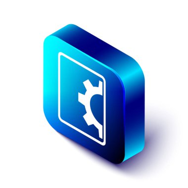 Isometric Yazılım, Web Geliştirme, programlama konsepti simgesi beyaz arkaplanda izole edildi. Ekran tabletinde programlama dili ve kod. Mavi kare düğme. Vektör.