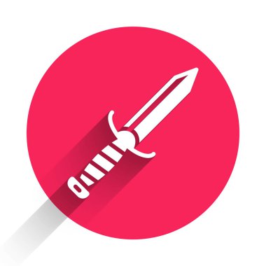 Uzun gölgeli beyaz askeri bıçak ikonu. Kırmızı daire düğmesi. Vektör.