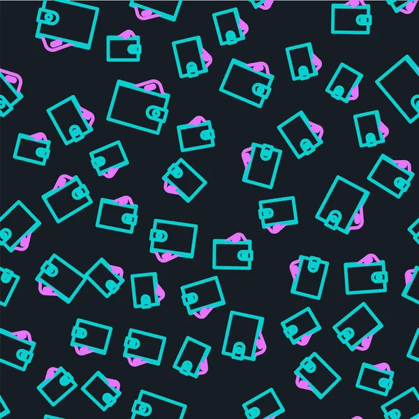 Çizgi Cüzdanı deste deste deste kağıt para nakit ikonu izole siyah arka planda kusursuz desen. Çanta ikonu. Nakit tasarruf sembolü. Vektör İllüstrasyonu.