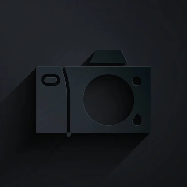 Papiergeschnittene Fotokamera Ikone Isoliert Auf Schwarzem Hintergrund Ikone Der Fotokamera — Stockvektor