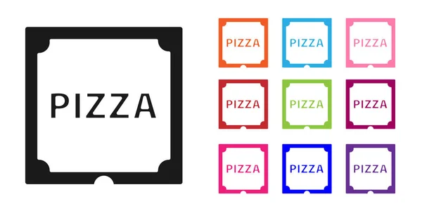 Fekete Pizza Kartondobozban Ikon Elszigetelt Fehér Alapon Doboz Elrendezési Elemekkel — Stock Vector