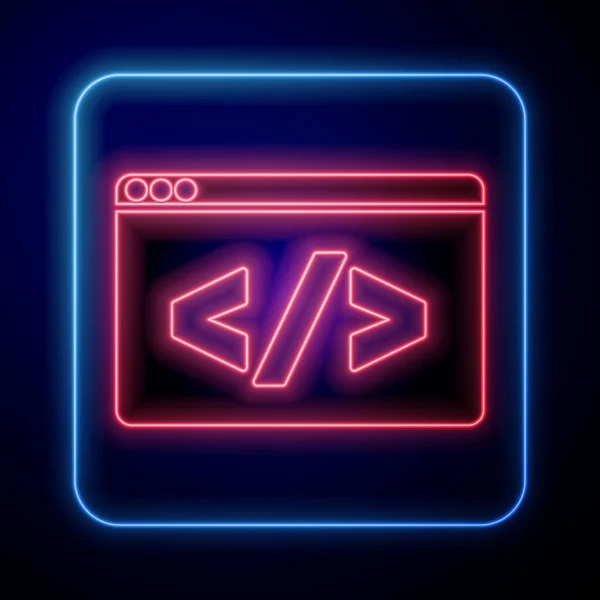 Zářící Neon Web Design Přední Část Vývoje Ikony Izolované Modrém — Stockový vektor