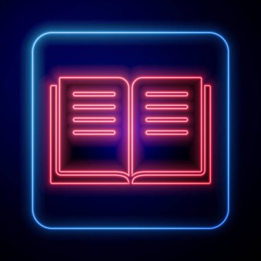 Üzerinde simya tarifleri, mistik büyüler ve mavi arka planda izole edilmiş büyülü ikonlar olan parıldayan neon kadim büyü kitabı. Vektör.