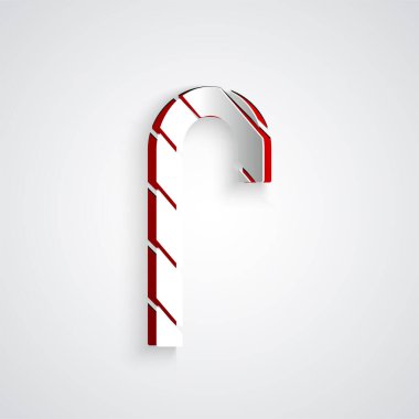 Kağıt kesiği, gri arka planda izole edilmiş çizgili Noel şekeri ikonu. Mutlu Noeller ve mutlu yıllar. Kağıt sanatı tarzı. Vektör.
