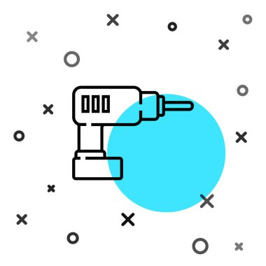 Siyah çizgi elektrikli matkap simgesi beyaz arkaplanda izole edildi. Tamir aleti. Rastgele dinamik şekiller. Vektör İllüstrasyonu.