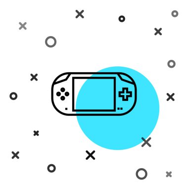 Siyah çizgi taşınabilir oyun konsolu simgesi beyaz arkaplanda izole edildi. Av alanı tabelası. Oyun konsepti. Rastgele dinamik şekiller. Vektör İllüstrasyonu.